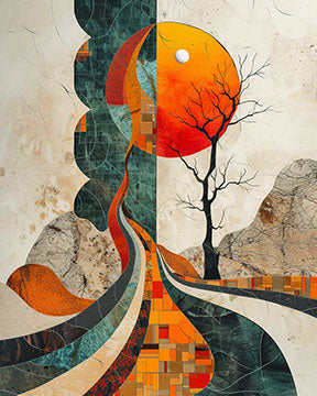 Wadi Home abstract landscape wall art with a vibrant orange sun, silhouetted tree, and flowing lines in warm oranges, greens, and earthy tones.