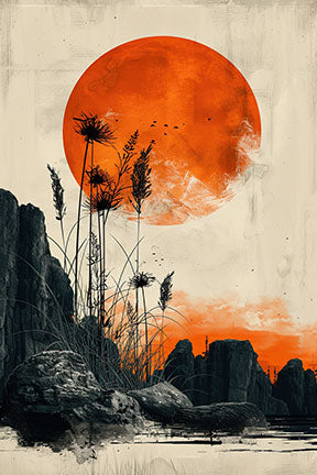 Wadi Home abstract sunset landscape wall art with large orange sun, silhouetted reeds, and rocky terrain.