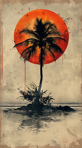 Wadi Home tropical sunset wall art featuring a silhouetted palm tree on an island against a vibrant orange sun and calm water.