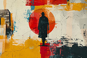 Wadi Home abstract wall art with a silhouetted figure against a red circle, textured background, and vibrant colors.