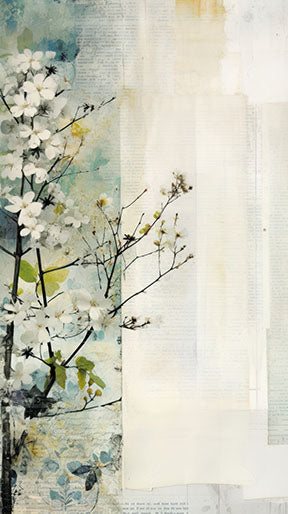 Wadi Home abstract floral branch wall art with white blossoms on textured mixed-media background in blues, creams, and yellows.