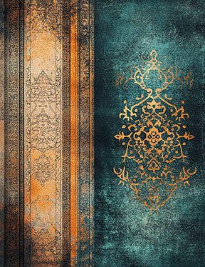 Wadi Home abstract oriental pattern wall art with teal, gold, and earthy tones. Features intricate gold detailing on a textured teal background.