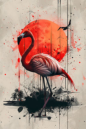 Wadi Home Flamingo Sunset Wall Art, vibrant pink flamingo against a red sun with abstract splatters and palm trees.