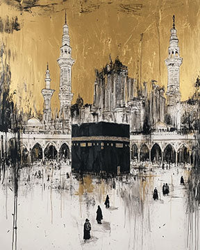 Wadi Home Islamic Mosque Wall Art featuring the Kaaba and minarets in black and white ink on a gold background.