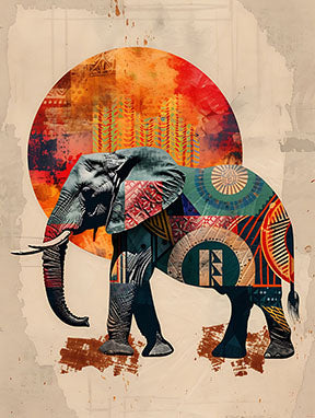 Wadi Home Tribal Elephant Wall Art with vibrant, intricate patterns and a large orange sun. Bohemian style.