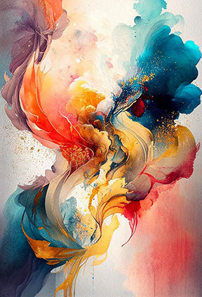 Wadi Home abstract canvas wall art with vibrant swirls of red, blue, orange, and gold flecks.
