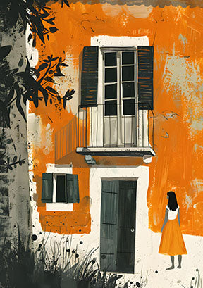Wadi Home abstract artwork of an orange European building with a balcony and a solitary figure in an orange dress.
