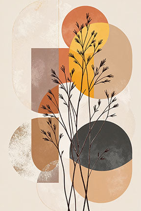 Wadi Home abstract botanical geometric wall art with terracotta, ochre, black, and cream colors. Features organic shapes and clean lines.