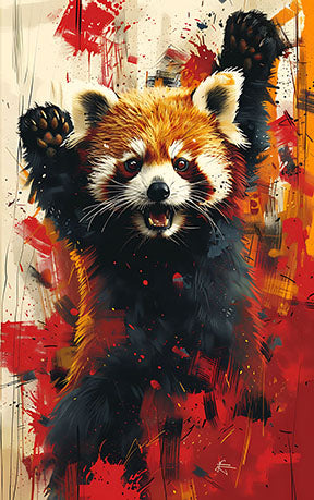 Wadi Home abstract expressionist wall art of a red panda with raised paws, featuring bold red and black brushstrokes.