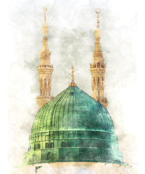Wadi Home Islamic Mosque Dome Wall Art featuring a vibrant green dome and golden minarets in a watercolor style.
