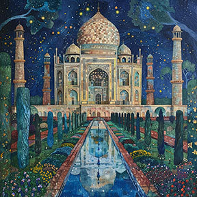 Wadi Home Taj Mahal Night Garden canvas print featuring the monument under a starry sky with lush gardens and reflection pool.