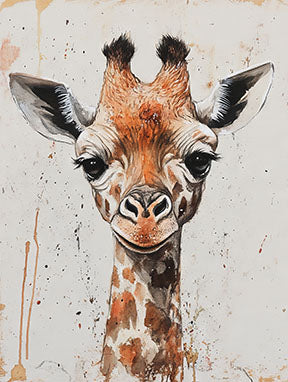 Wadi Home giraffe portrait wall art, watercolor style with expressive eyes and earthy tones, displayed above a wooden sideboard.