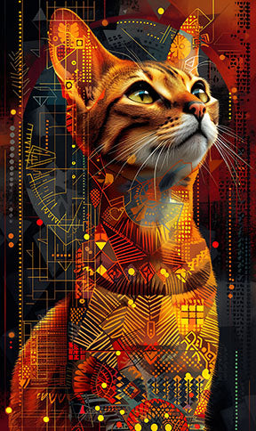 Wadi Home abstract cat portrait wall art with geometric patterns in fiery oranges and reds.