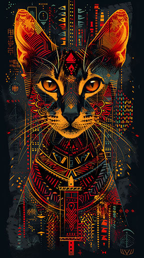 Wadi Home abstract cat portrait wall art with geometric patterns in dark, vibrant colors.