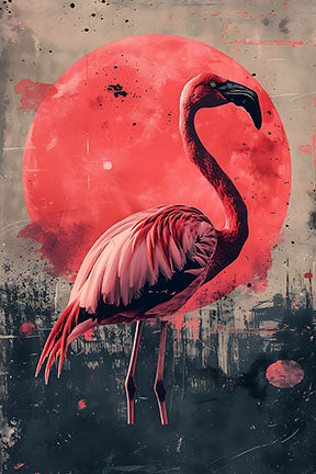 Wadi Home Flamingo Sunset Wall Art featuring a pink flamingo against a red sun and abstract cityscape.