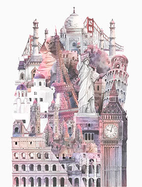 Wadi Home European Cityscape watercolor art print featuring a collage of landmarks in pastel pinks and purples.