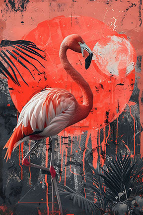 Wadi Home Flamingo in Tropical Jungle wall art, vibrant pink flamingo against a fiery sunset and lush jungle foliage.