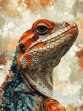 Wadi Home vibrant lizard portrait wall art with orange, red, and teal scales on a textured background.