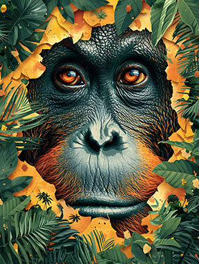 Wadi Home orangutan peeking through jungle leaves wall art. Features a close-up of an orangutan's face with intense orange eyes surrounded by lush green leaves.