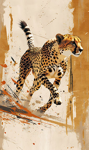 Wadi Home abstract cheetah running wall art with ochre, orange, and black splashes. Modern canvas art.
