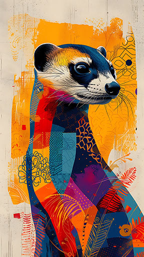 Wadi Home abstract art print of a colorful ferret with geometric patterns and vibrant orange background.