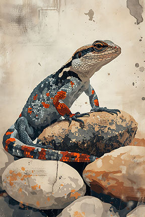 Wadi Home Lizard on Rocks Wall Art, featuring a detailed illustration of a colorful lizard on natural stones with earthy tones.