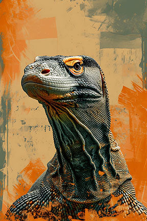 Wadi Home Komodo dragon portrait wall art with orange and green abstract background. Detailed scales and intense gaze.