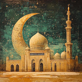 Wadi Home Islamic Mosque with Crescent Moon Wall Art, featuring a detailed mosque silhouette under a starry night sky and a glowing crescent moon.