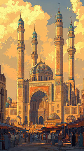 Wadi Home Islamic Mosque Canvas Wall Art featuring a grand mosque with minarets and a dome, bathed in golden light with a bustling marketplace below.
