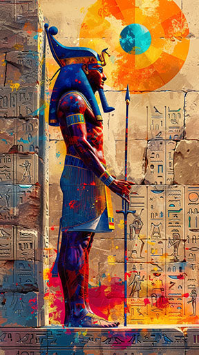 Wadi Home vibrant Egyptian deity wall art with hieroglyphs. Features blue headdress, staff, and colorful abstract splashes.