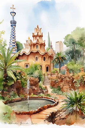 Wadi Home watercolor print of Park GÃ¼ell, Barcelona, Spain, featuring a fountain and unique architecture.