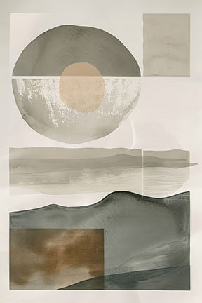 Wadi Home abstract landscape wall art with earthy tones, organic shapes, and minimalist design. Features a circle, sun, and mountain-like forms.