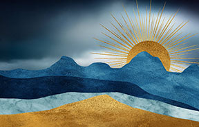 Wadi Home abstract mountain sunrise wall art with deep blues, teals, and gold sunburst.