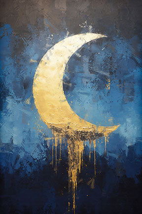 Wadi Home abstract wall art featuring a golden crescent moon on a textured deep blue background with metallic accents.