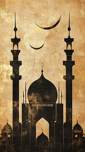 Wadi Home Islamic Mosque Silhouette Wall Art in black and gold textured finish with crescent moons.