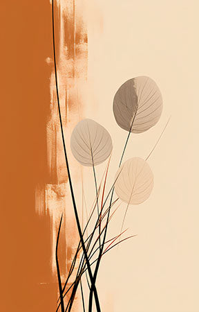 Wadi Home abstract botanical wall art with burnt orange and cream background, featuring delicate floral elements and minimalist design.