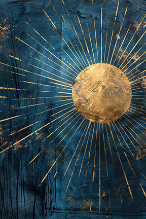 Wadi Home Abstract Sunburst Wall Art with golden sunburst on textured teal background.