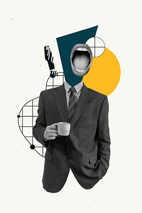 Wadi Home abstract art: man in suit holding coffee cup, surreal collage with geometric shapes and bold colors.
