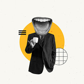 Wadi Home surrealist art print featuring a black and white collage of a figure in a suit with a large open mouth head, holding a coffee cup, against a yellow circle and geometric shapes.