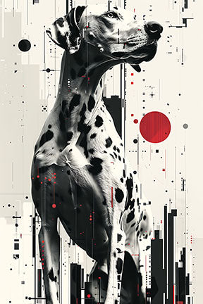 Wadi Home Dalmatian abstract art print with monochrome palette and red accents. Features a graphic Dalmatian against abstract shapes and cityscapes.