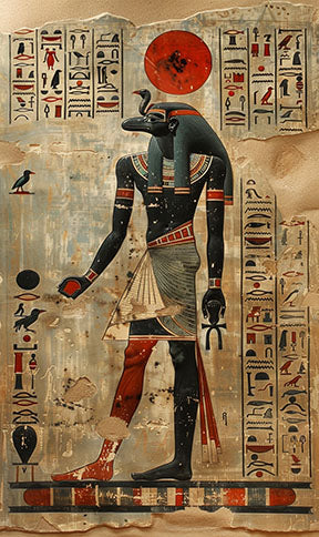Wadi Home Ancient Egyptian Hieroglyphic Wall Art featuring a deity with a sun disk and hieroglyphs. Vintage aesthetic.