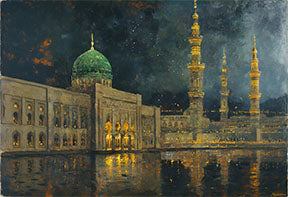 Wadi Home Islamic Mosque Landscape Wall Art featuring a green-domed mosque illuminated at night with reflections on water.