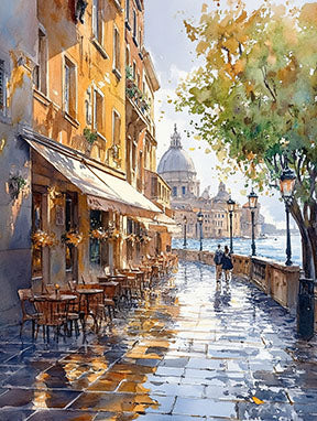 Wadi Home European city street scene watercolor painting with cafe and cobblestones. Warm hues and soft brushstrokes.