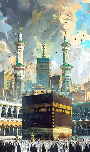 Wadi Home Islamic Kaaba painting depicts the holy Kaaba in Mecca with vibrant skies and a crowd of worshippers. Artwork captures faith and devotion.