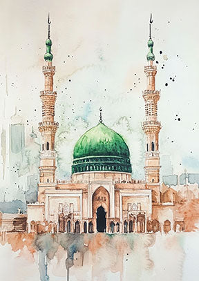 Wadi Home Islamic mosque watercolor wall art with green dome and minarets, in a modern living room.