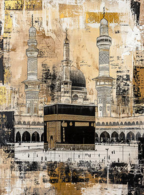 Wadi Home Islamic Mosque Wall Art depicting the Kaaba in Mecca, with gold, black, and white abstract details.