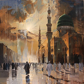 Wadi Home Islamic Mosque Landscape Wall Art painting with worshippers at sunset, featuring a green dome and intricate architecture.