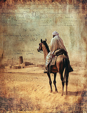 Wadi Home Desert Rider vintage art print featuring a lone rider on horseback against ancient ruins and script. Warm earthy tones.