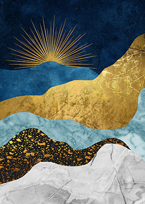 Wadi Home abstract mountain landscape wall art with deep blues, gold, and white textured layers and metallic accents.