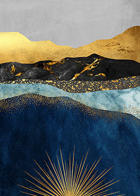 Wadi Home abstract mountain landscape wall art with deep blues, gold, and grays. Features a sunburst design.